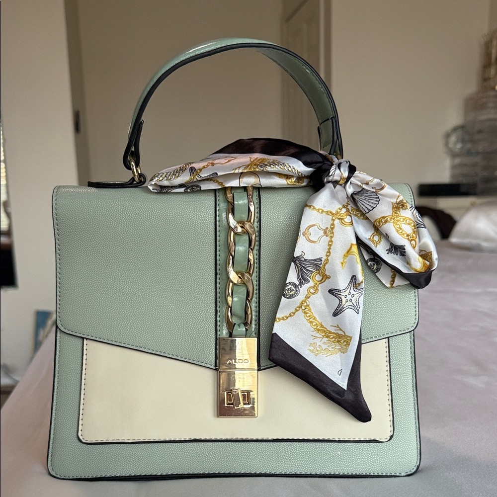 Aldo Sage Green and Cream Satchel with Scarf Accent